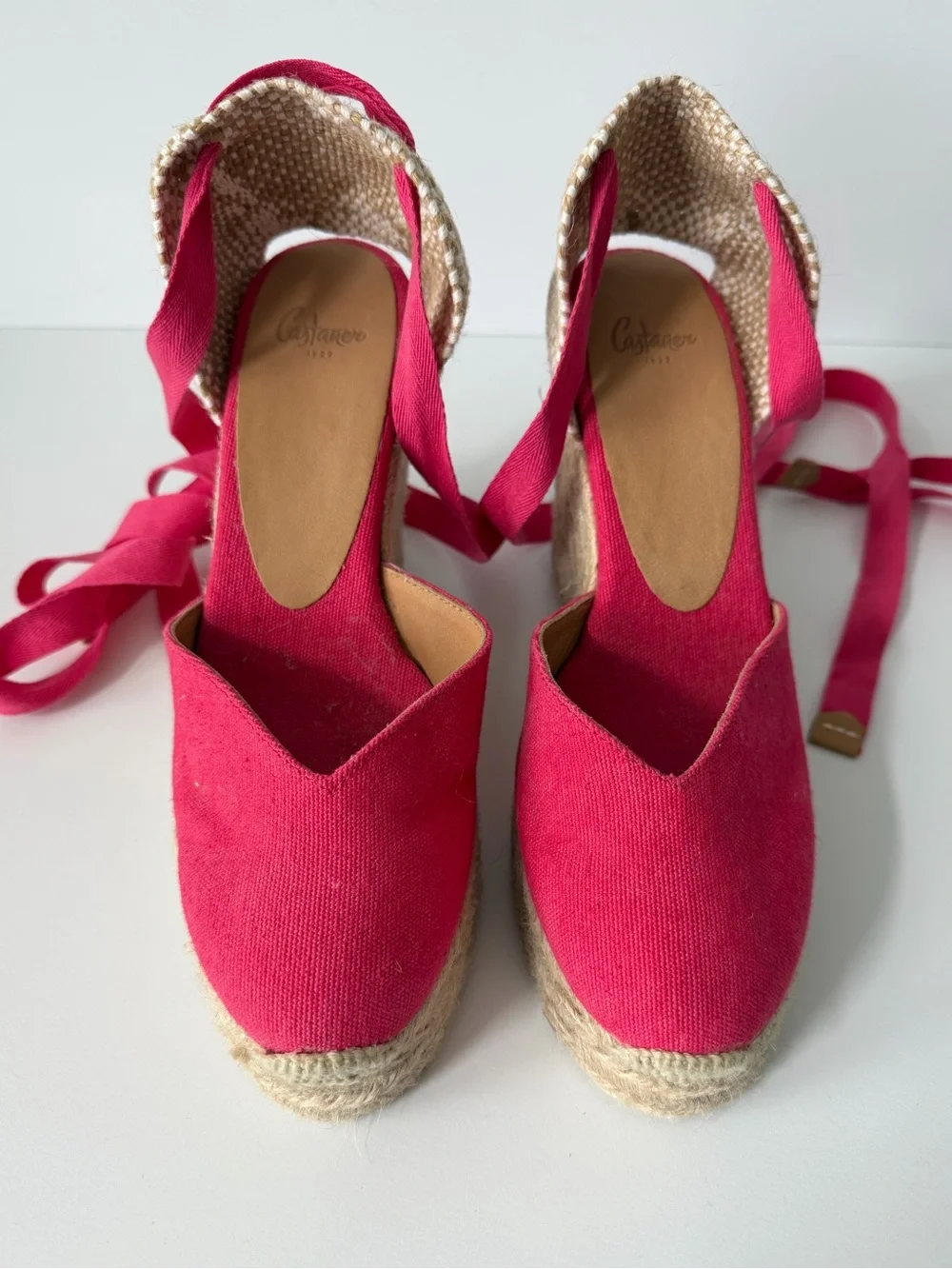 Castañer Carina Espadrille Wedge Sandals in Red/Pink, Size 37 / US 6.5